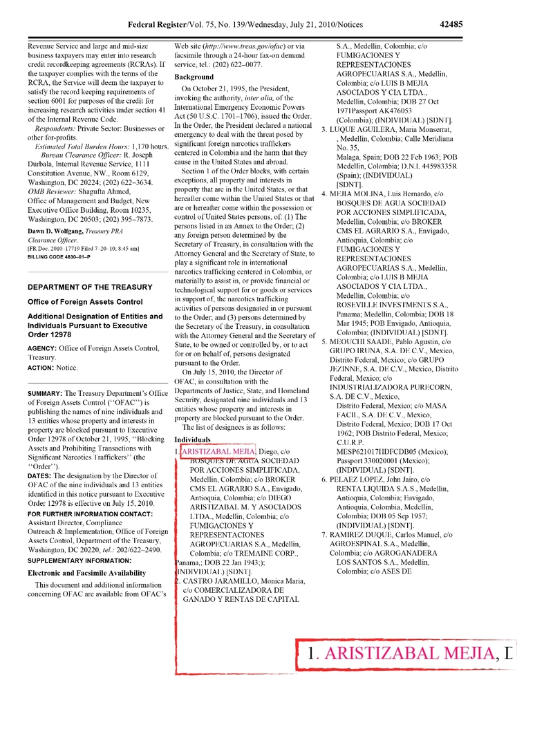 Imagen 1 Diego Aristizábal en la Lista Clinton del Departamento del Tesoro de Estados Unidos 1