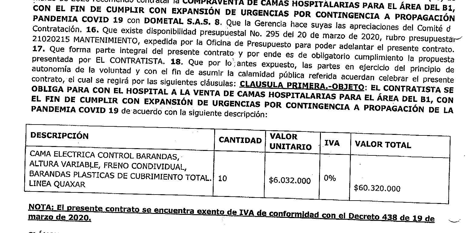 Contrato del Hospital Regional Duitama con el precio de compra de las camas eléctricasjpg