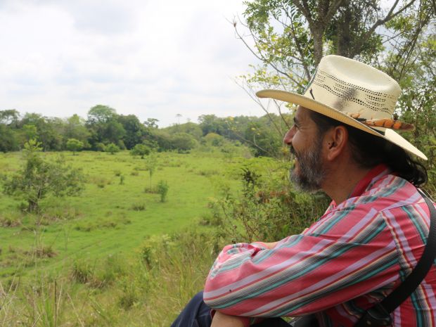 La ganadería regenerativa bajó a Román Jiménez del caballo; ahora recorre la hacienda a pie y contempla, detalladamente, cada cambio en El Pajuil. La observación es primordial en la práctica de la ganadería regenerativa. Fotografías: Paola Andrea Peña Roa.